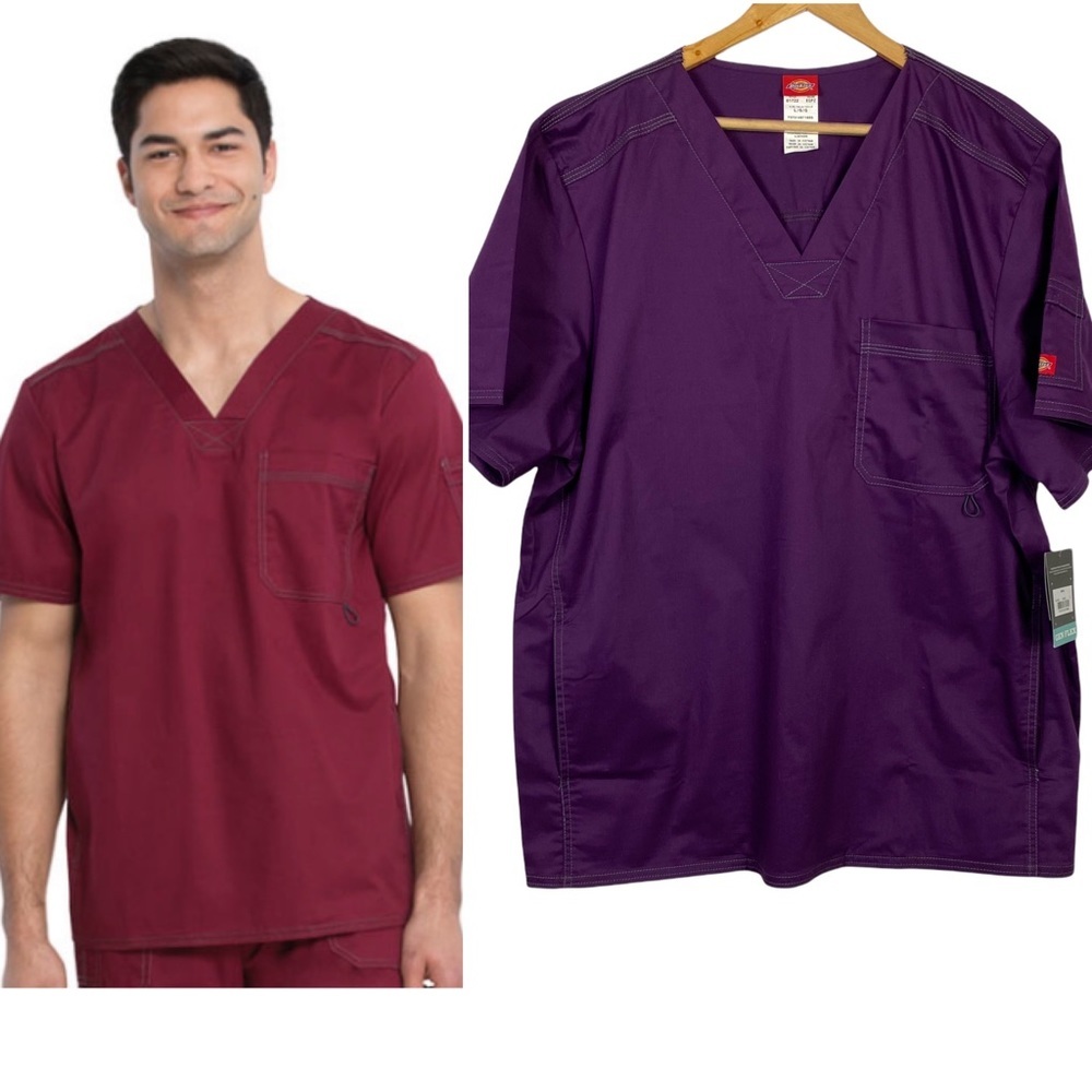 DICKIES Scrub Gen Flex Men's V-Neck  Scrub Top In eggplant color Size large